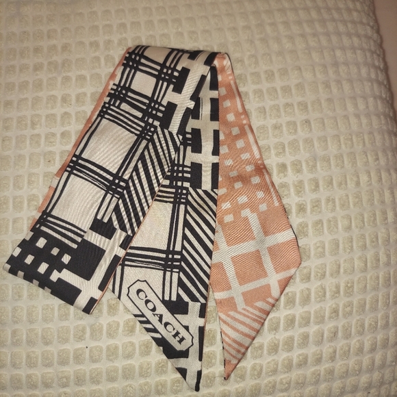 Coach Signature Black and Peach Wild Stripe Silk Skinny Scarf - Picture 3 of 13